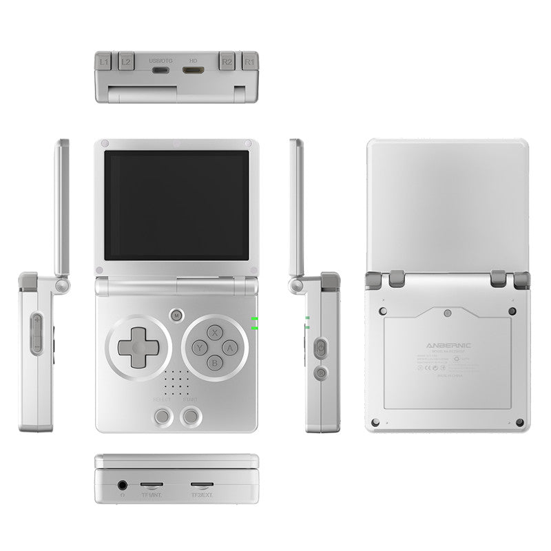 ANBERNIC RG35XXSP open clamshell showing 3.5-inch screen and controls