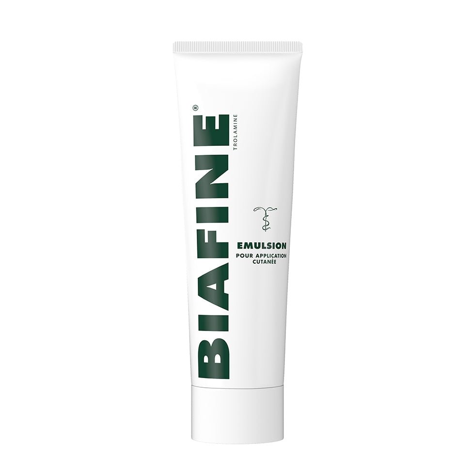 Biafine Emulsion tube shown at an angle, pour application cutanee skin emulsion