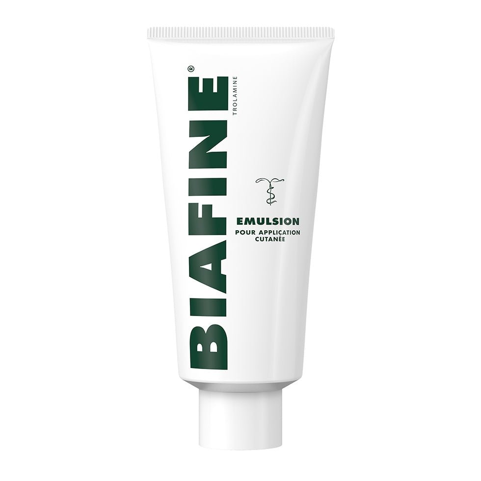 Biafine Emulsion packaging detail showing the Trolamine label and brand logo