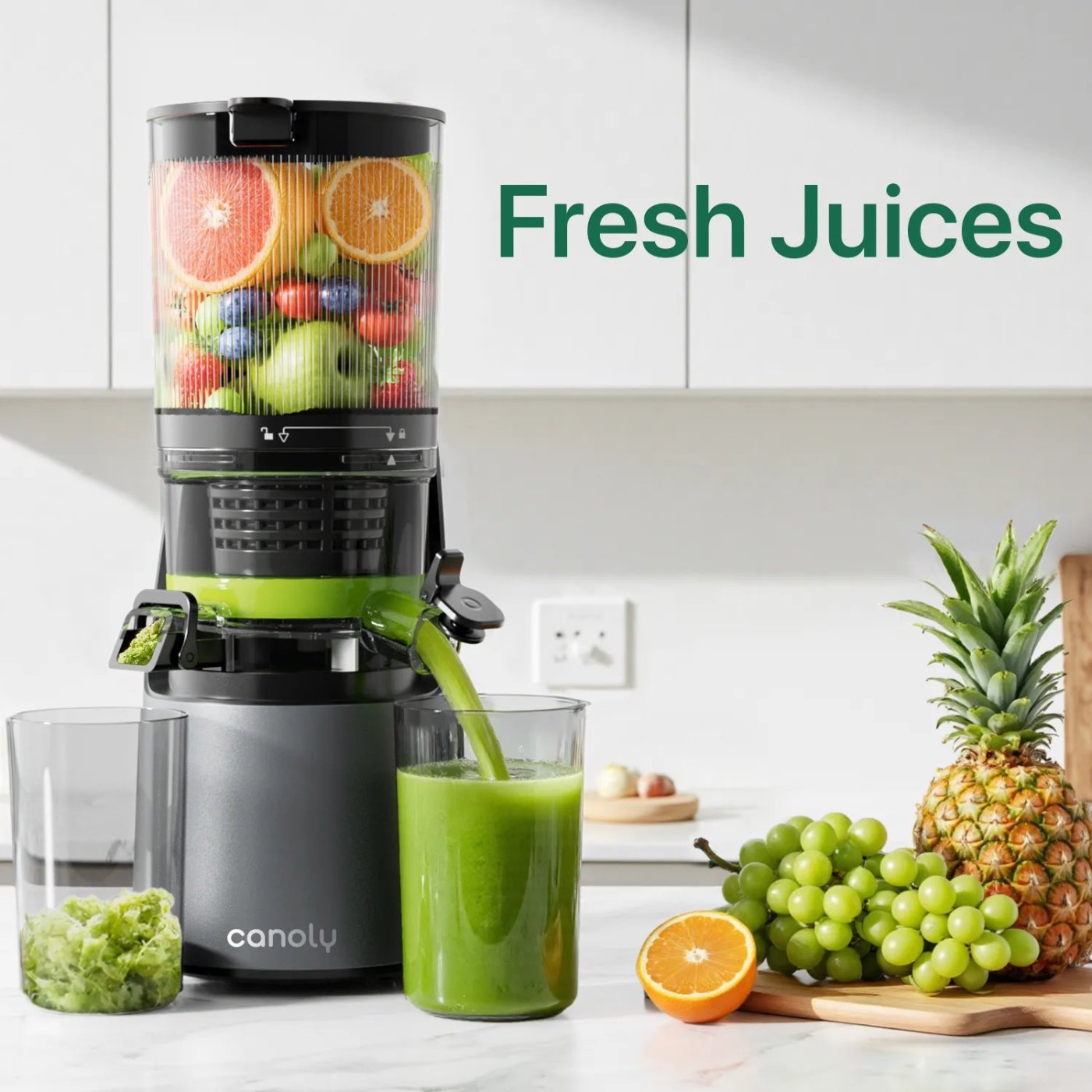 Canoly C16 juicer pouring fresh green juice into a glass with fruit on the counter