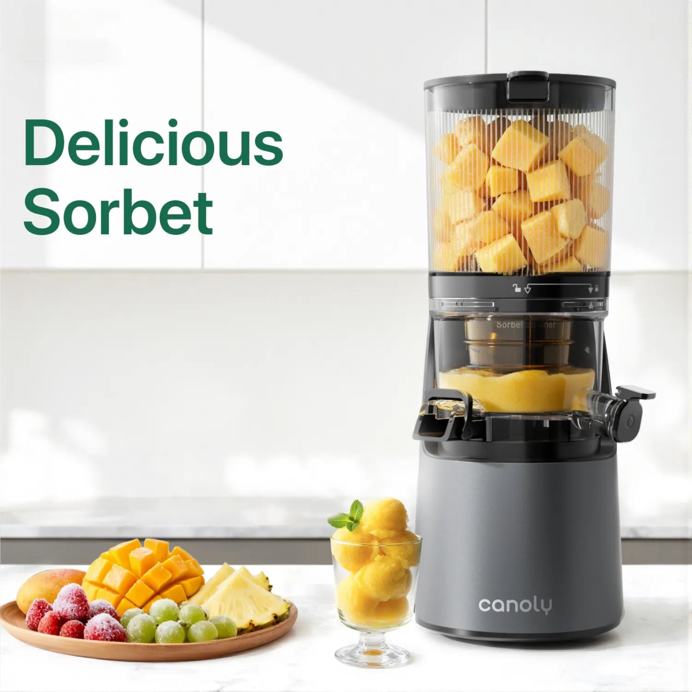 Canoly C16 juicer making pineapple and fruit sorbet with a finished bowl on the counter