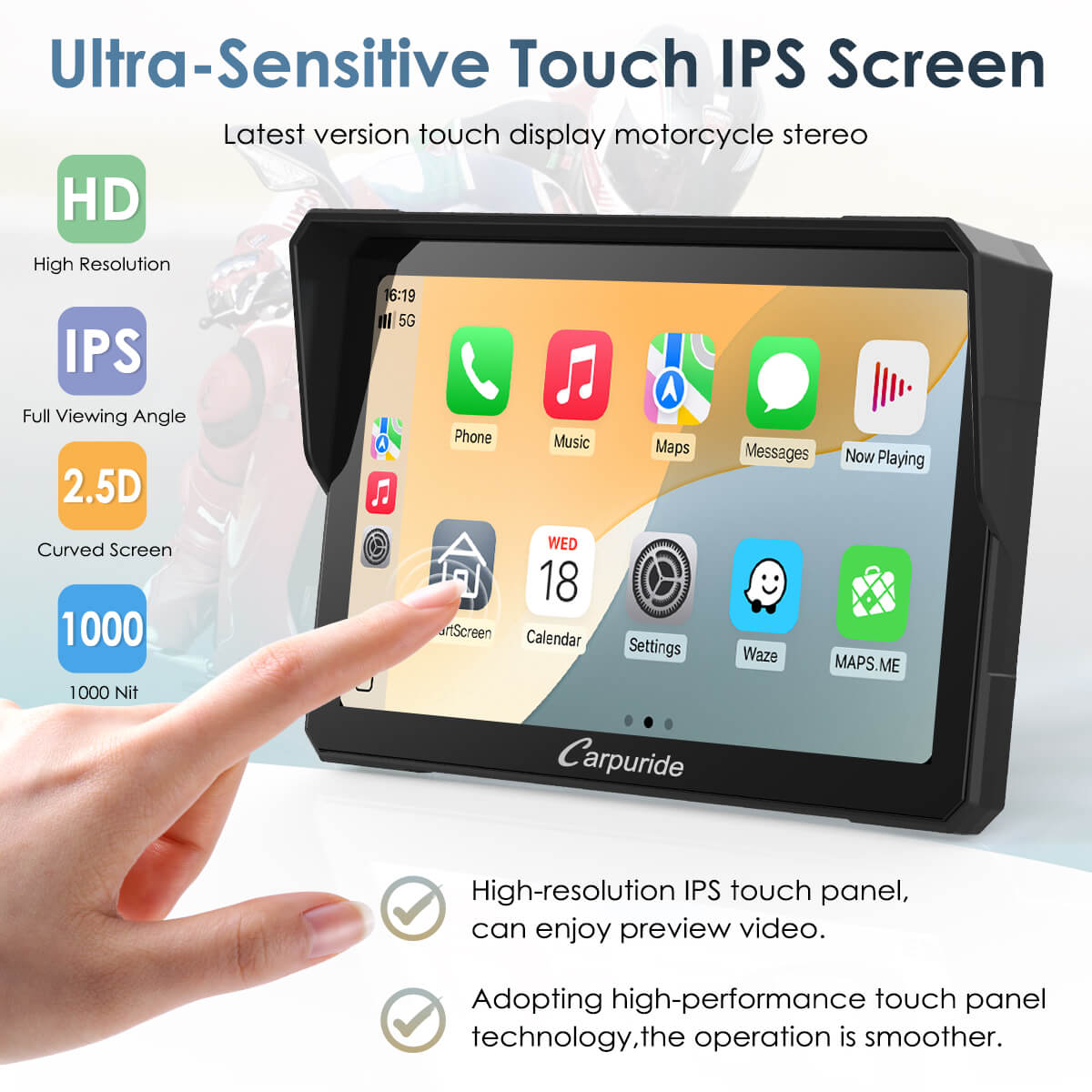 Close-up of the Carpuride W702BS 7-inch IPS touchscreen showing CarPlay app icons