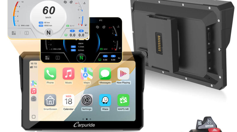 Carpuride W702BS wireless CarPlay display and mounting bracket for BMW motorcycles