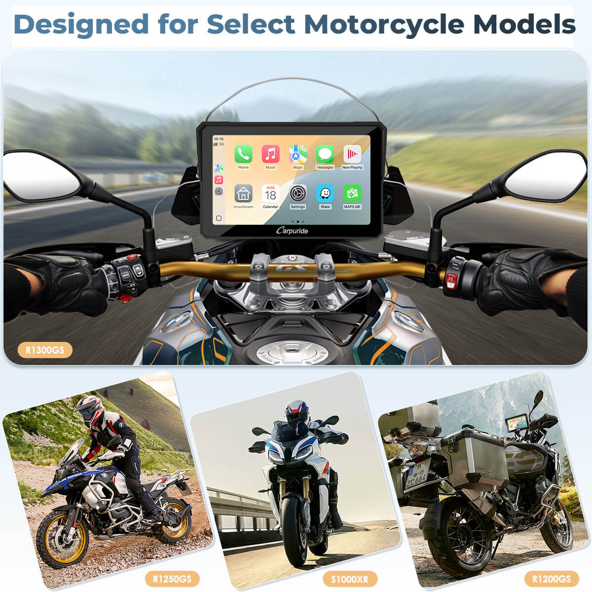 Carpuride W702BS installed on a BMW R1300GS handlebar with compatible BMW GS and S1000XR models shown below