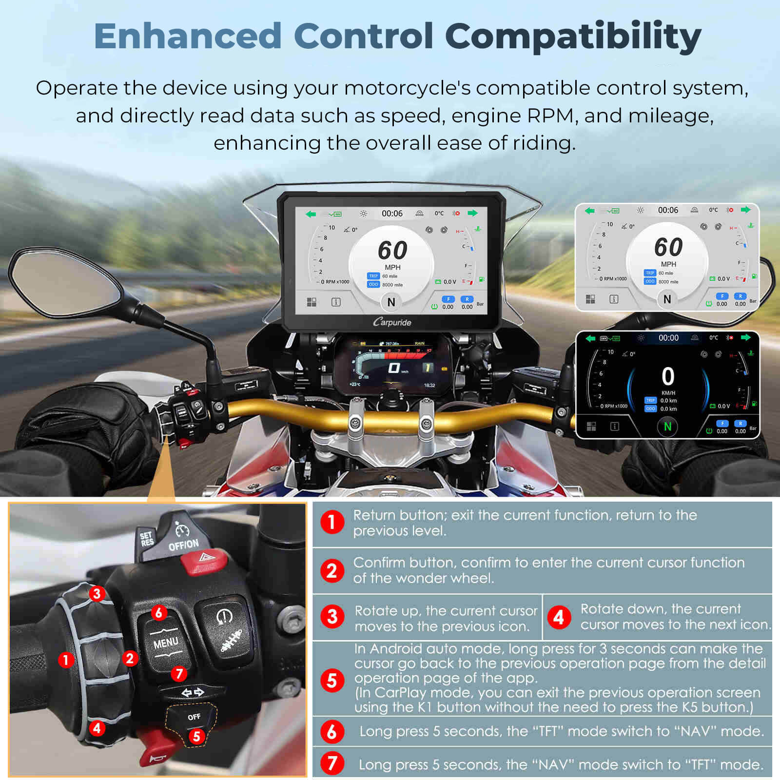 Rider view of the Carpuride W702BS mounted on a BMW motorcycle handlebar next to the Wonder Wheel controller