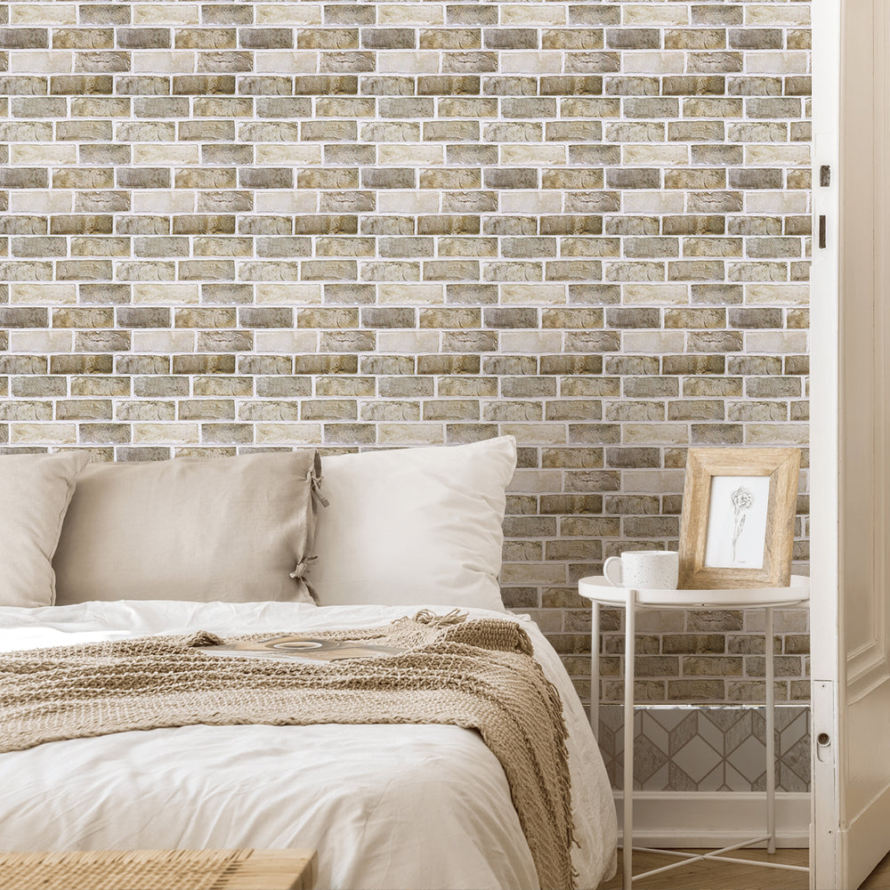 Commomy 3D brick peel and stick tile installed in kitchen backsplash