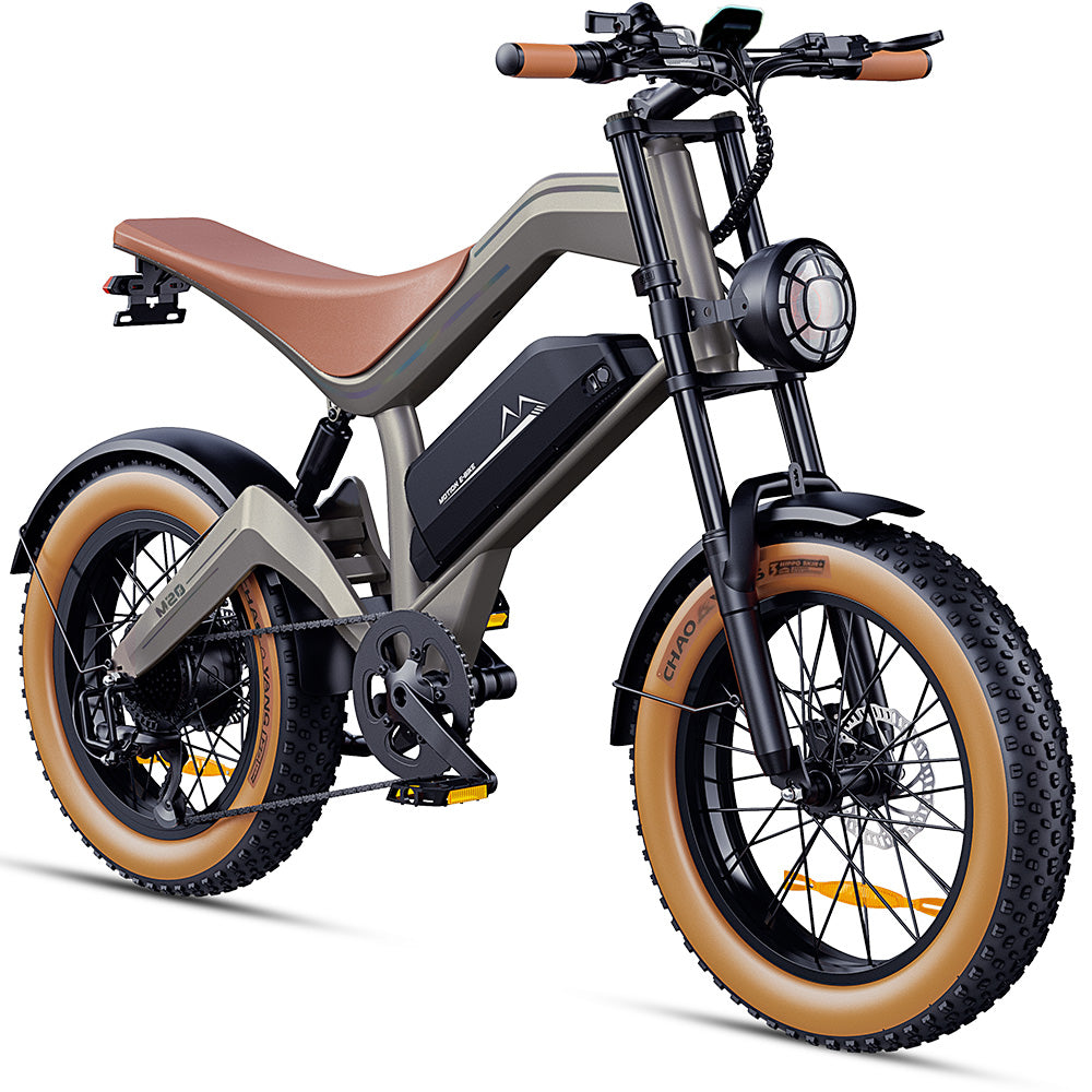 DYU M20 All-Terrain Electric Bike Studio Shot DYU M20 all-terrain electric bike studio product photo showing fat tires, front suspension, and frame-mounted battery
