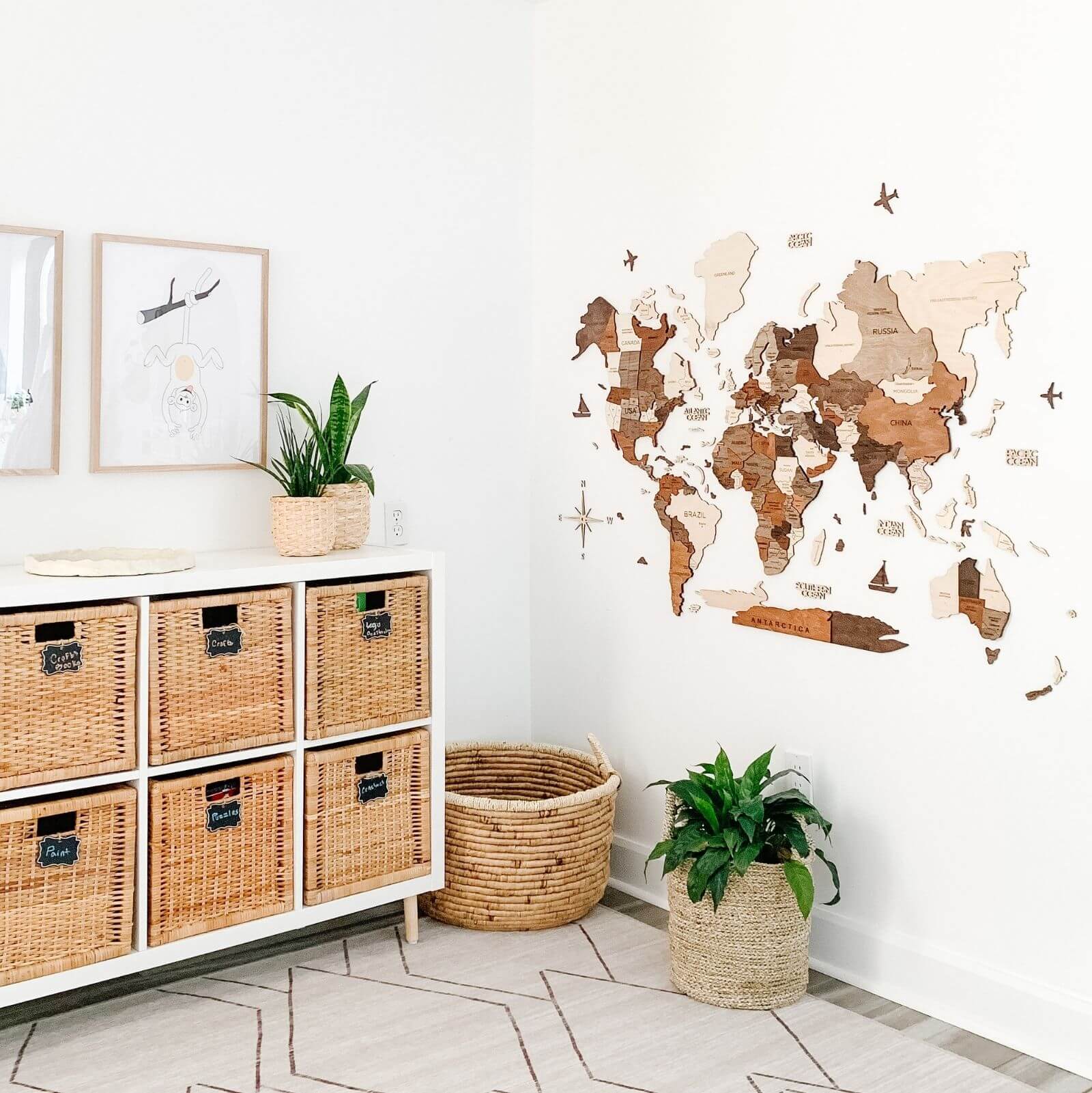 3D Wooden World Map Multicolor styled as decorative wall art in a home interior