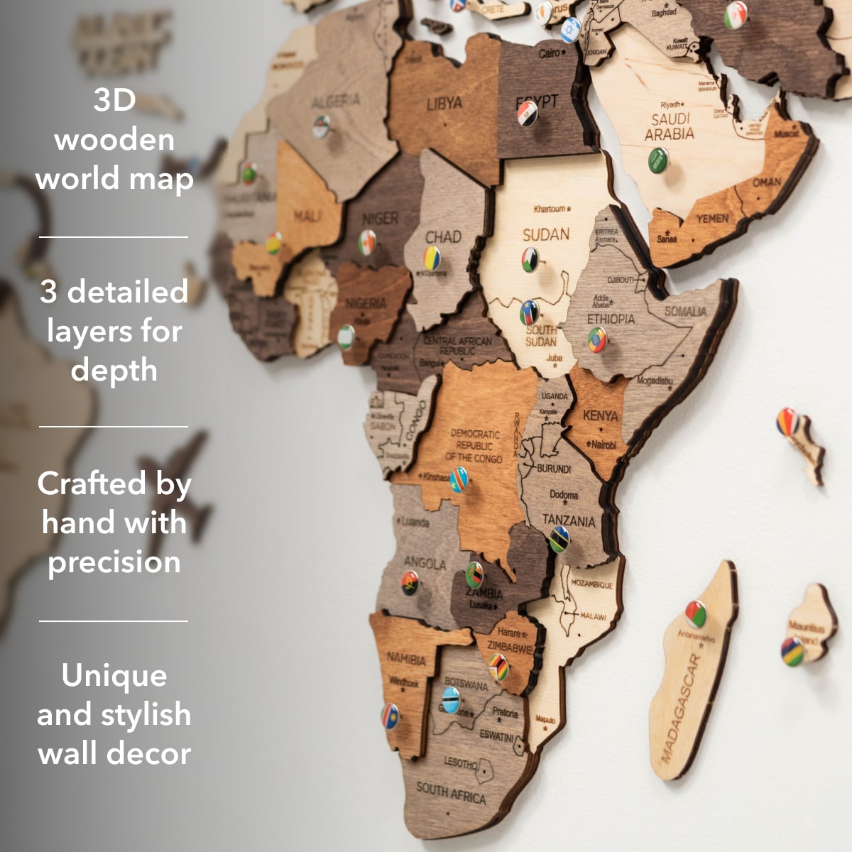 Close-up of the multilayered wood detail on the 3D Wooden World Map Multicolor