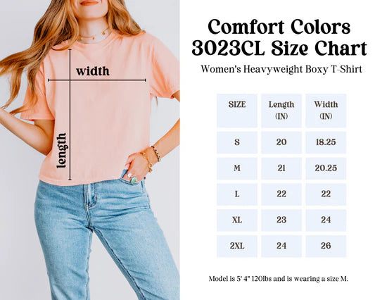 Sizing chart for the Comfort Colors 3023CL boxy tee used for the Eat Pasta Drive Fasta design, sizes S to 2XL