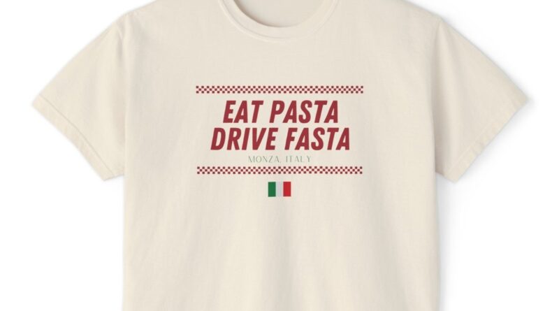 Formula Fanatics Eat Pasta Drive Fasta Monza Italy graphic tee, ivory boxy fit t-shirt flat lay