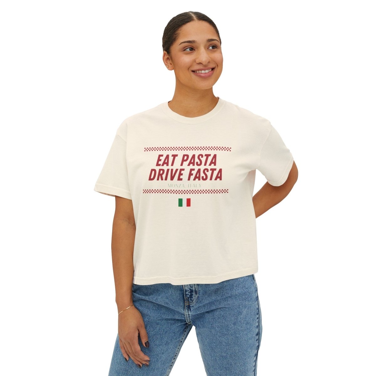 Woman wearing the Formula Fanatics Eat Pasta Drive Fasta boxy fit tee, oversized cropped silhouette
