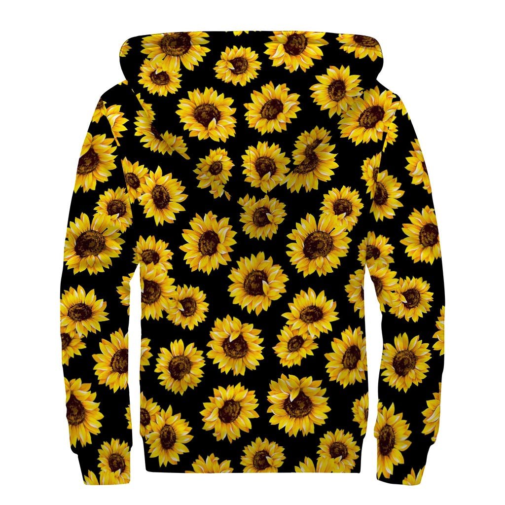 Back view of the GearFrost Black Sunflower Pattern Print Sherpa Lined Zip Up Hoodie