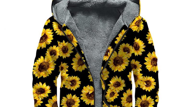 GearFrost Black Sunflower Pattern Print Sherpa Lined Zip Up Hoodie, front view