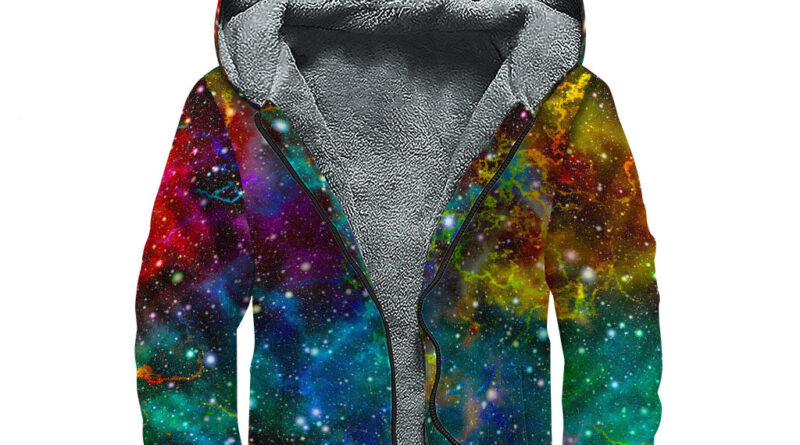 GearFrost Abstract Colorful Galaxy Space Print Sherpa Lined Zip Up Hoodie