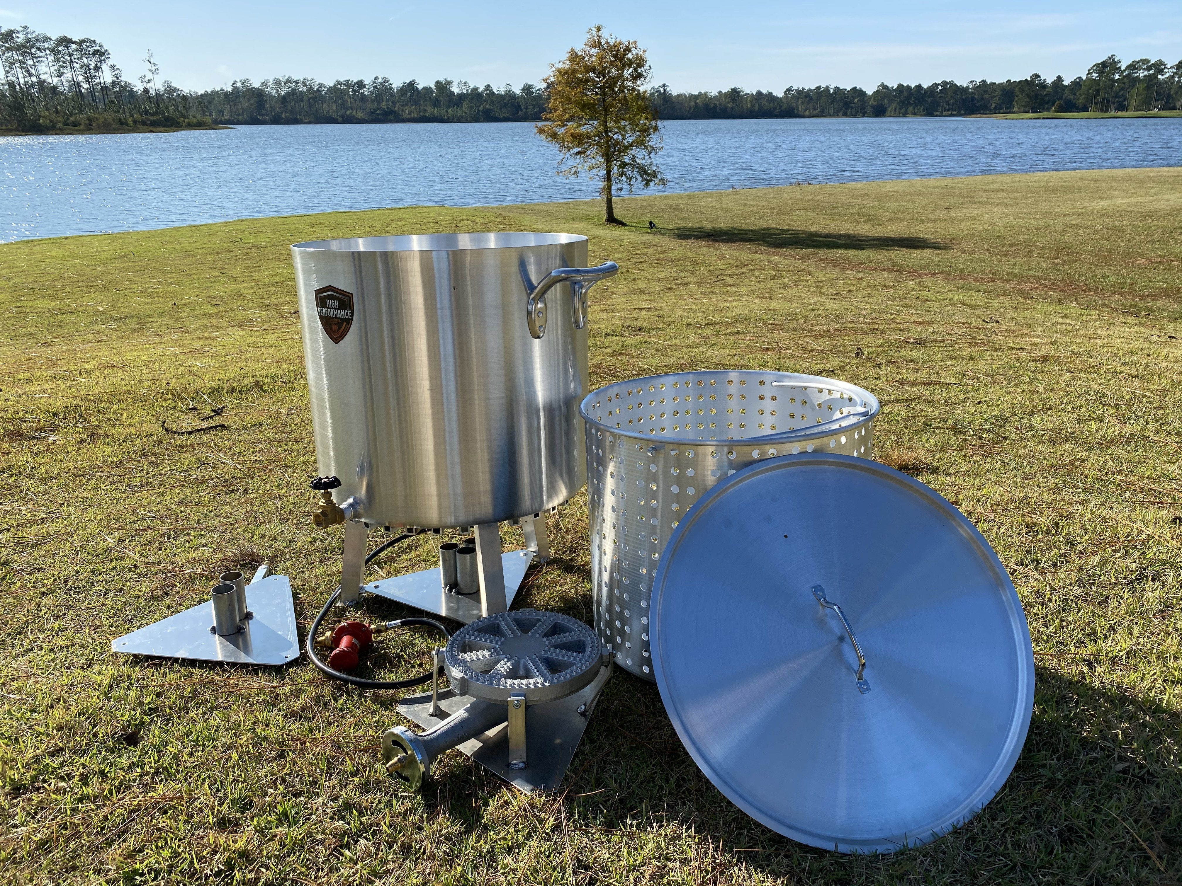 High Performance Cookers 120 Quart cooker with accessories outdoors