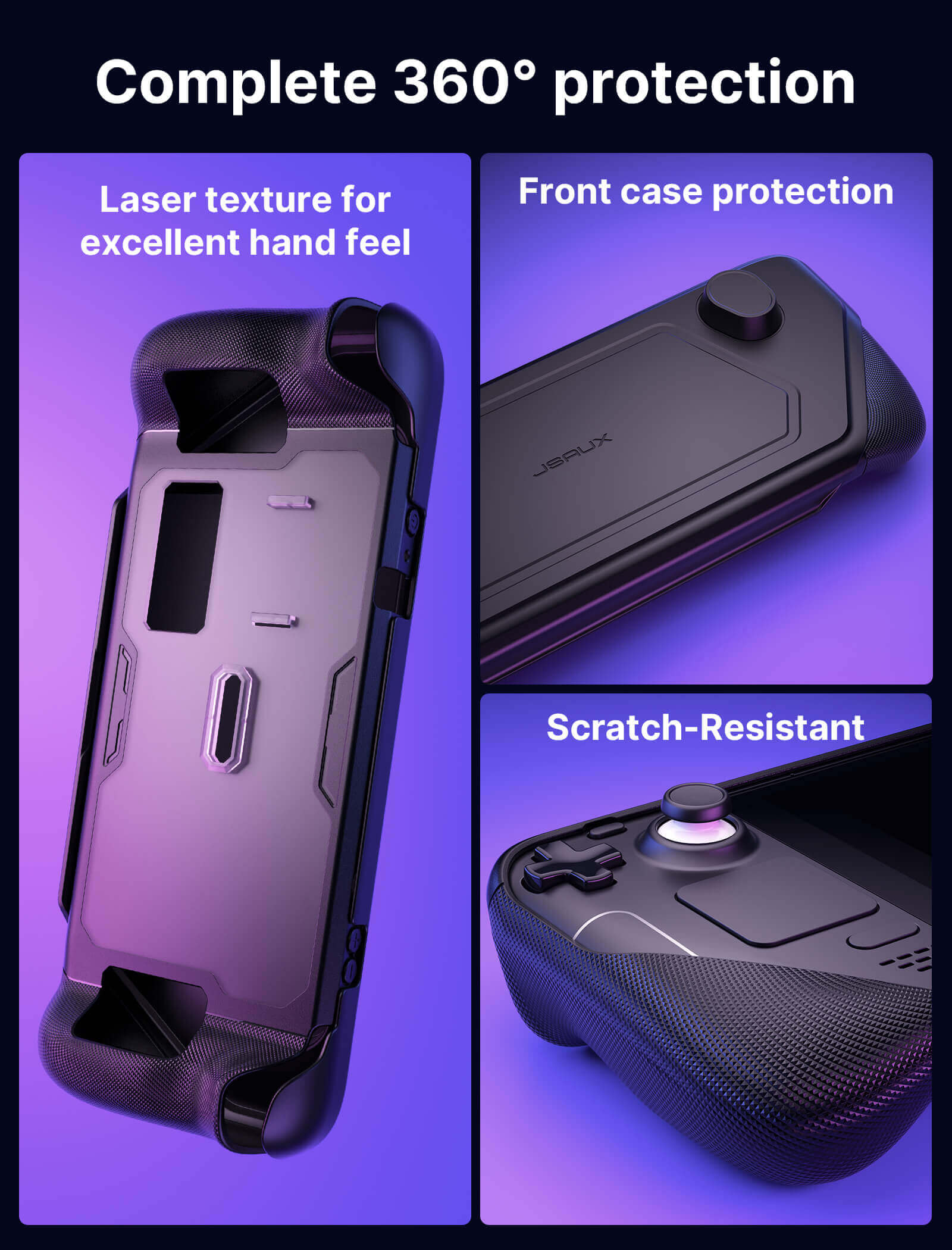 JSAUX ModCase for Steam Deck showing laser texture grip, front case protection, and scratch-resistant coating detail shots