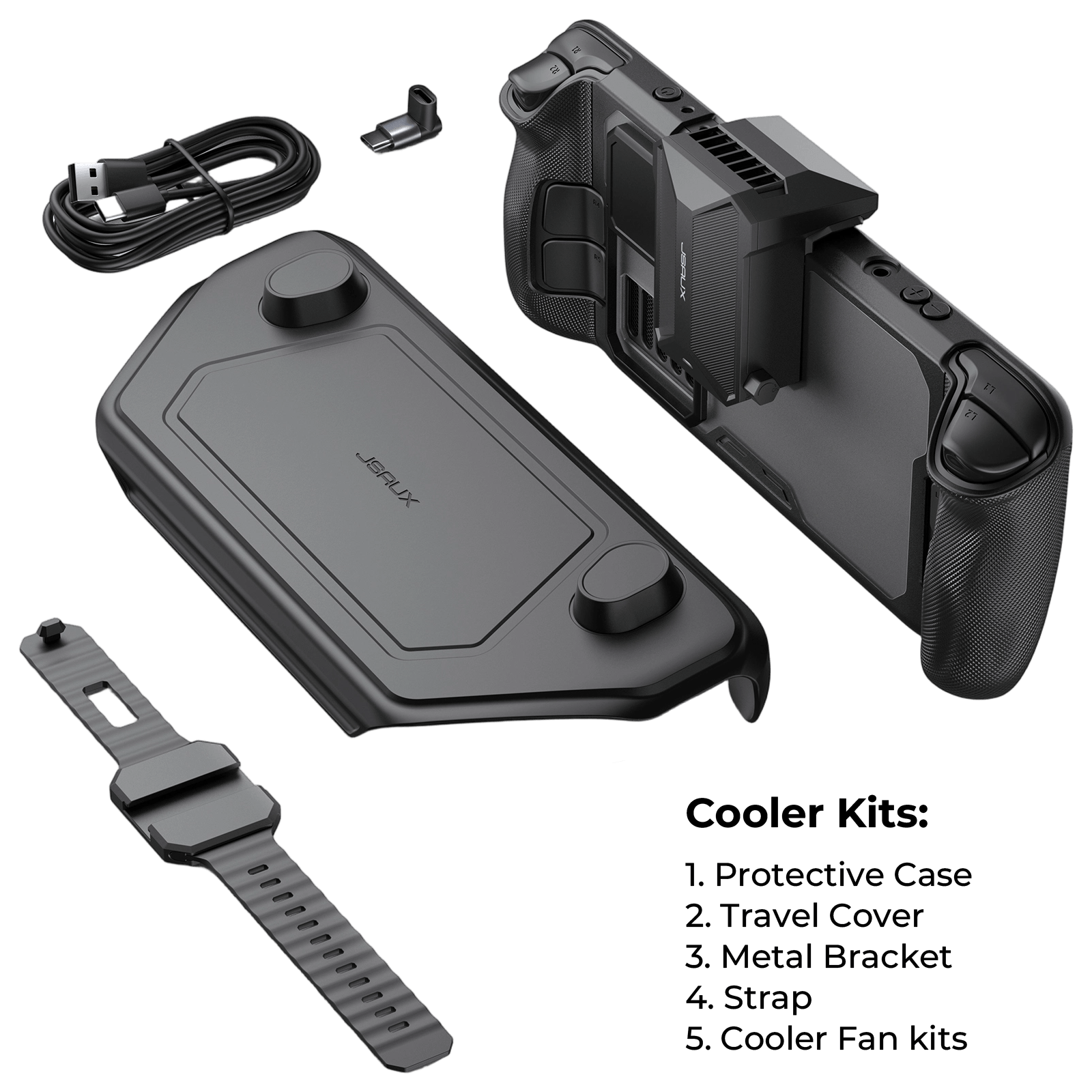 JSAUX ModCase for Steam Deck cooler kit contents: protective case, travel cover, metal bracket, strap, and cooler fan kit