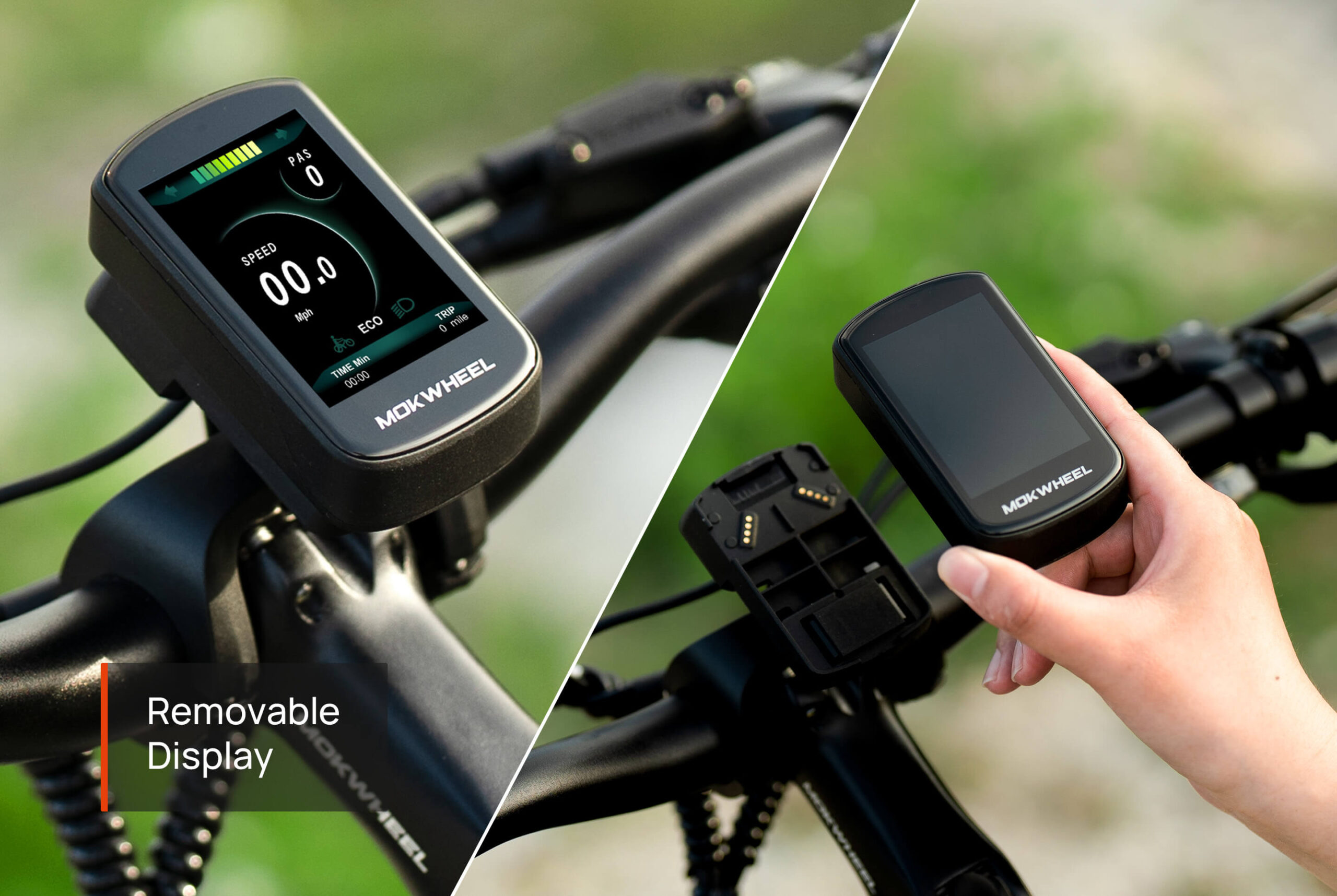Close-up of the Mokwheel Basalt ST 2.0 detachable HD display showing speed, battery, and assist level