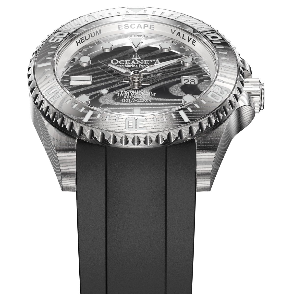 Oceaneva Damascus steel dial watch case and bezel detail