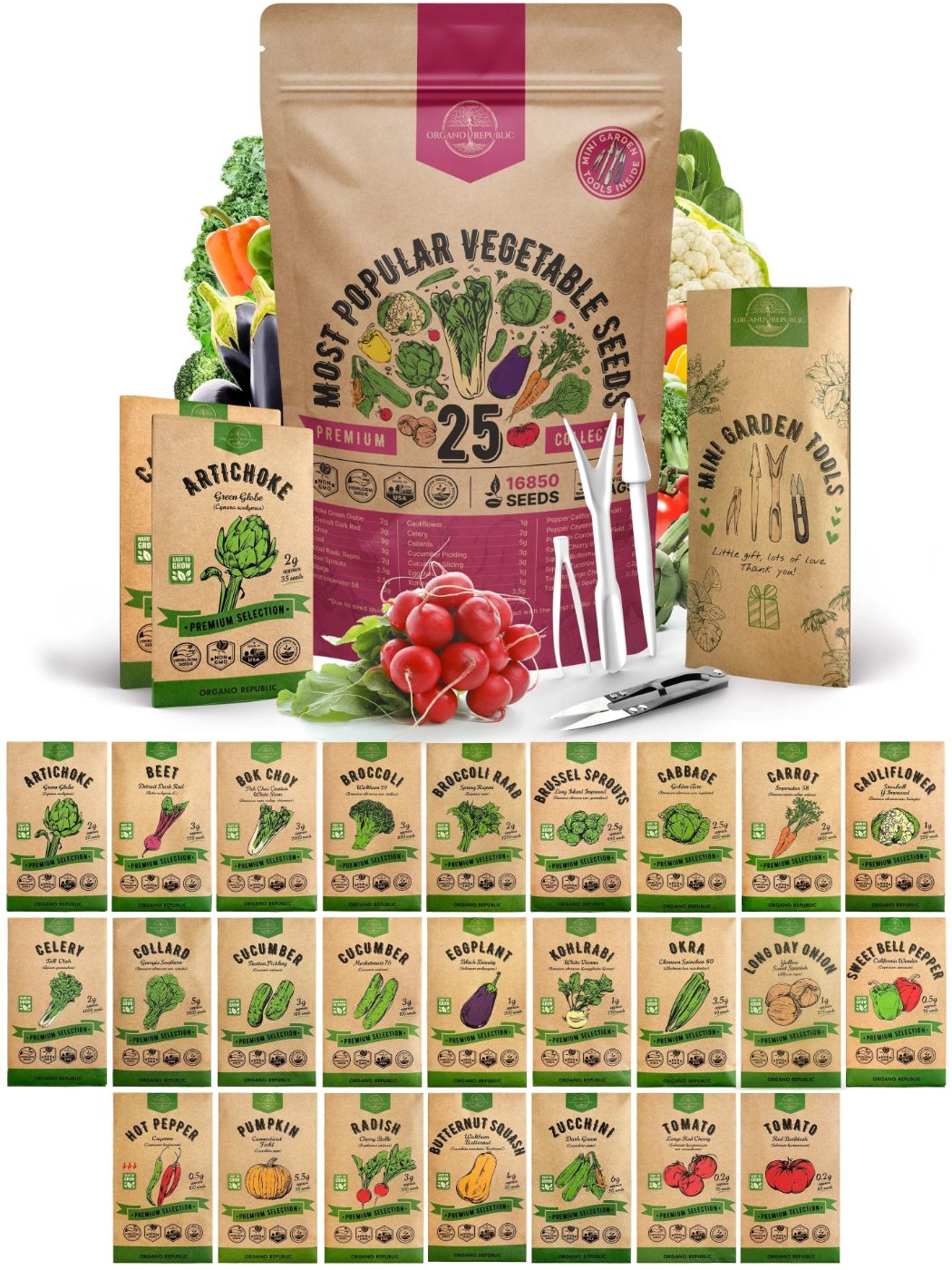 Organo Republic 25-variety vegetable seeds pack with seed packets and tools