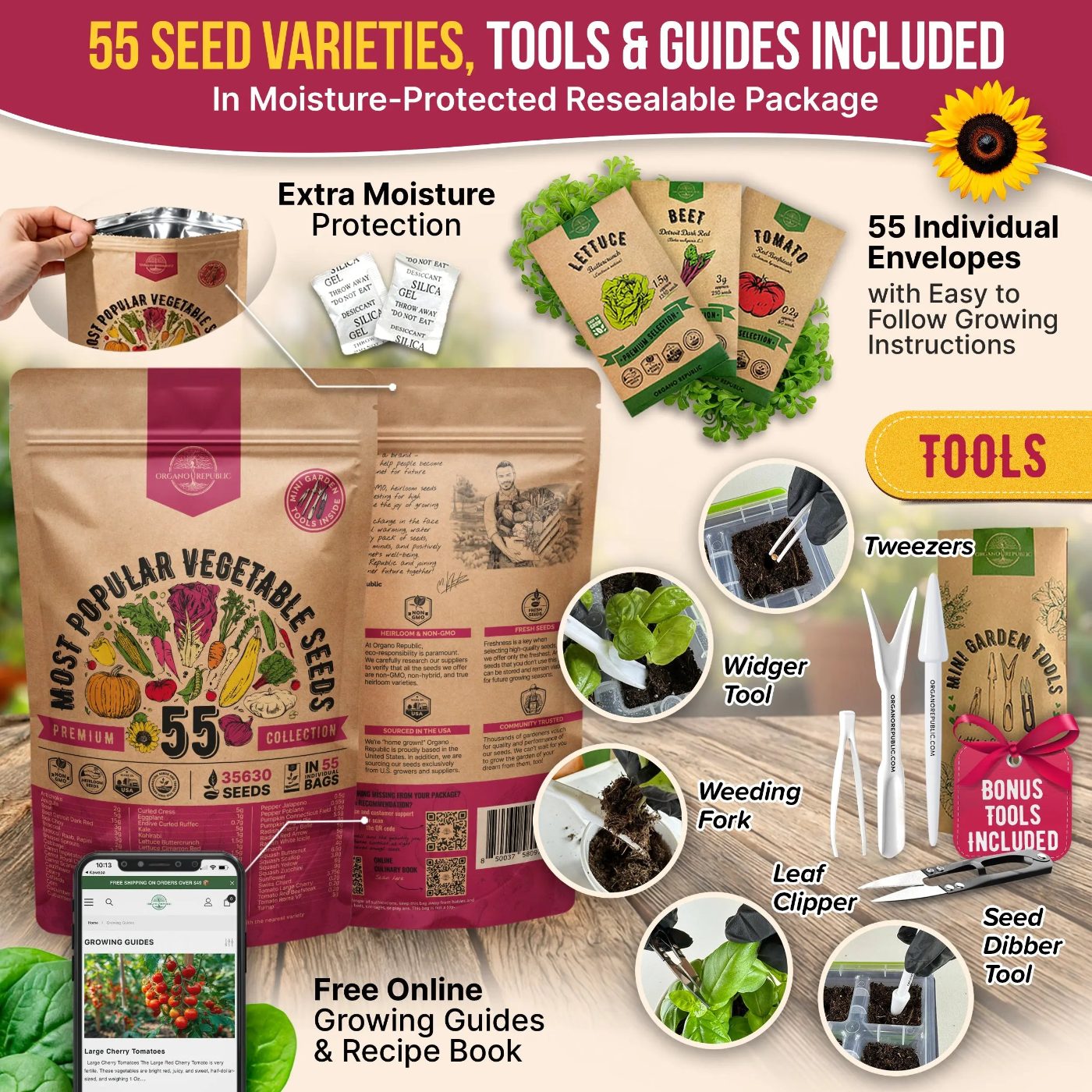 Organo Republic seed packets, mini garden tools, and moisture-protected resealable bag