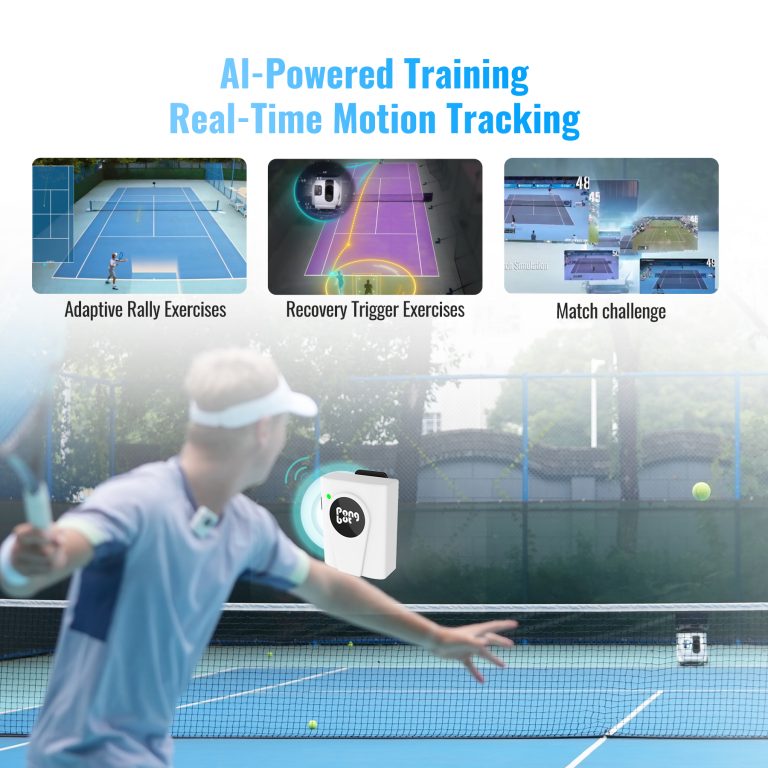 PONGBOT Pace S Pro AI tennis ball machine set up on a tennis court
