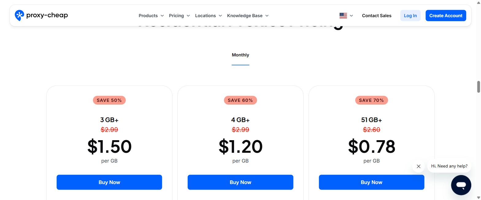 Screenshot of Proxy-Cheap's real residential proxy pricing plans and rates