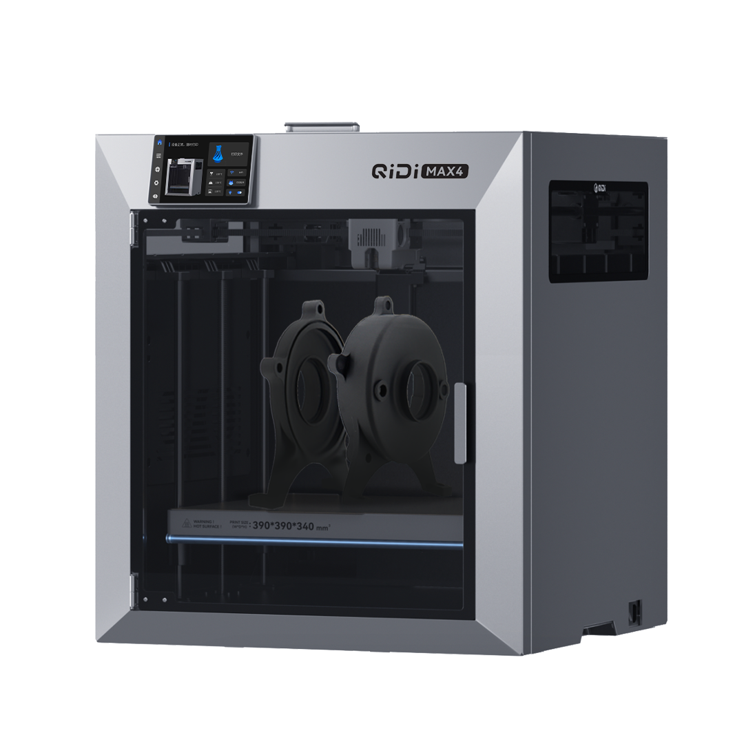 QIDI Max4 printing a large part QIDI Max4 3D printer shown at an angle with a printed part inside the build chamber