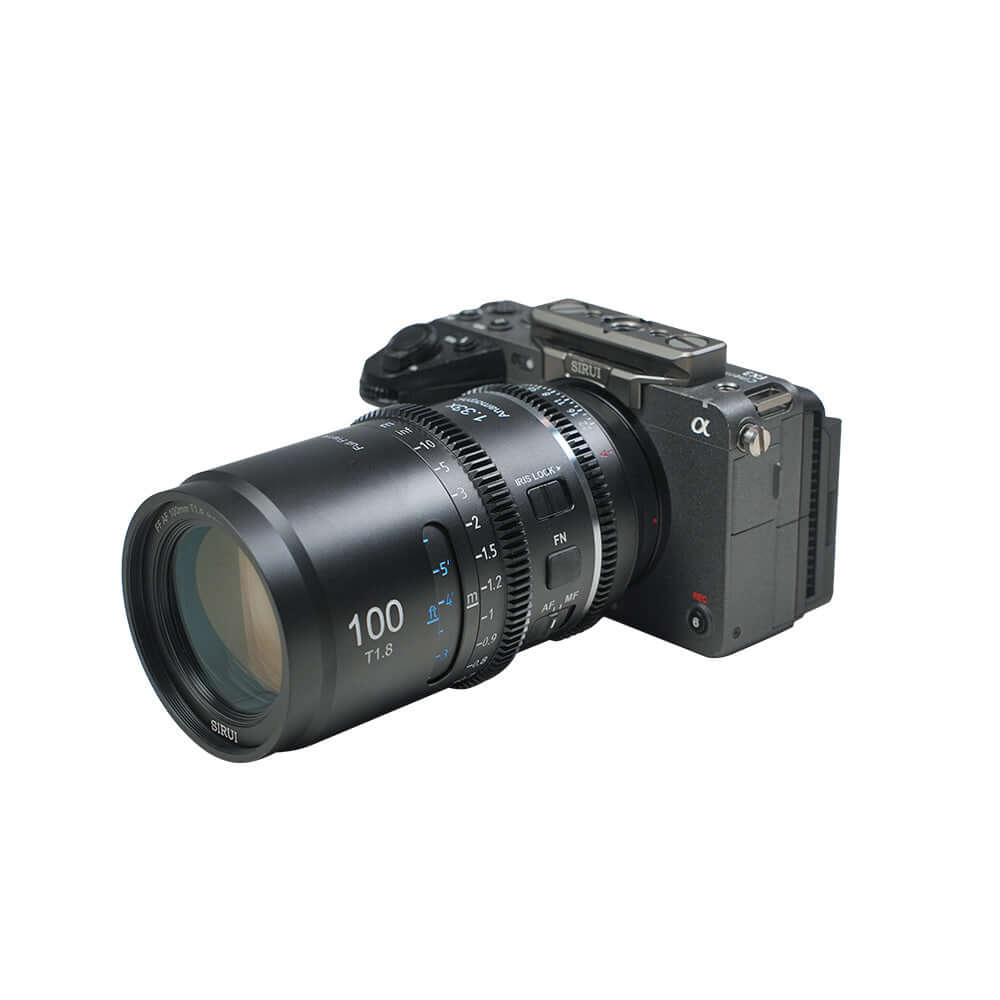 SIRUI Astra 100mm T1.8 anamorphic cine lens mounted on a mirrorless camera body