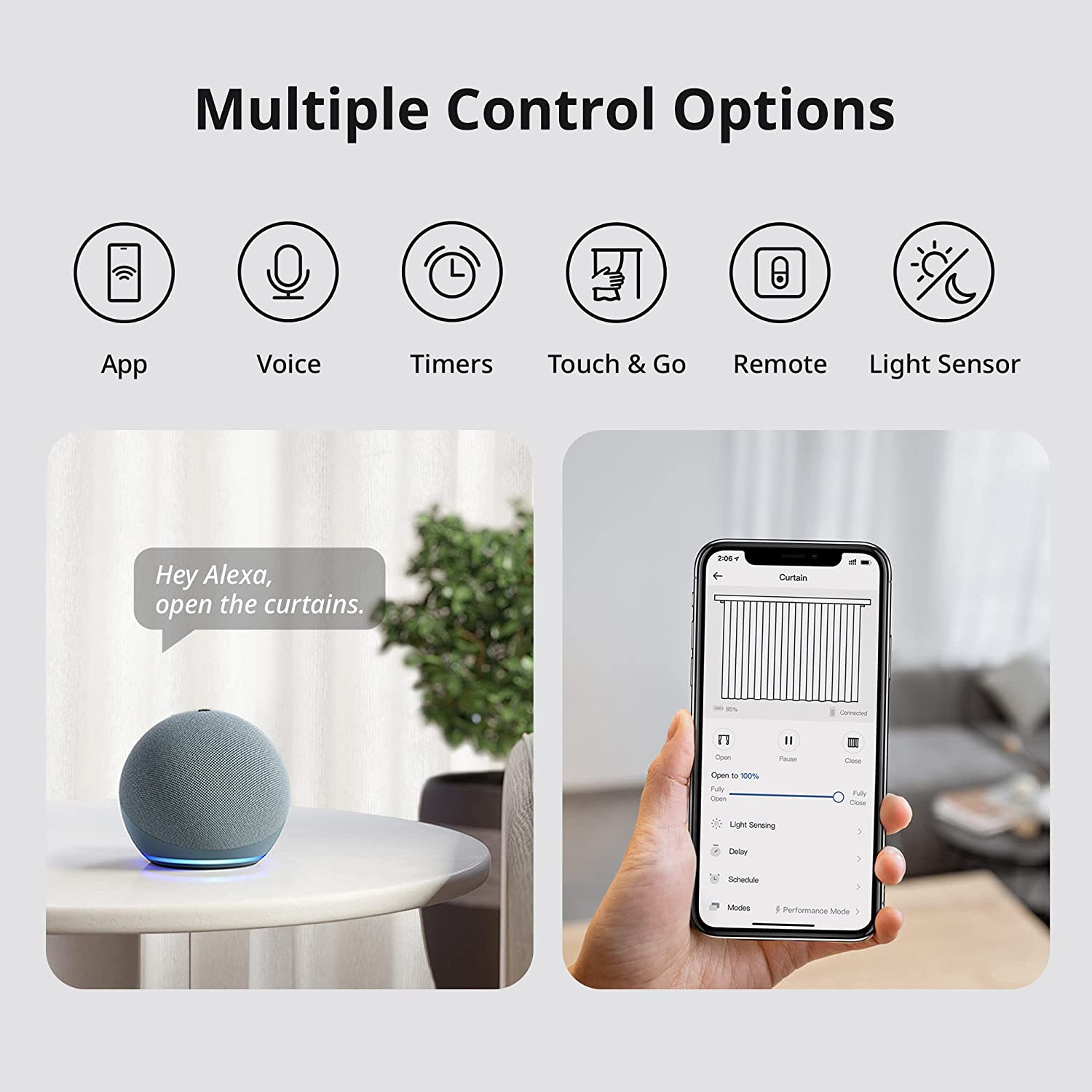 SwitchBot Curtain 2 control options including App, Voice, Timers, Touch and Go, Remote, and Light Sensor, shown with Alexa and the SwitchBot app