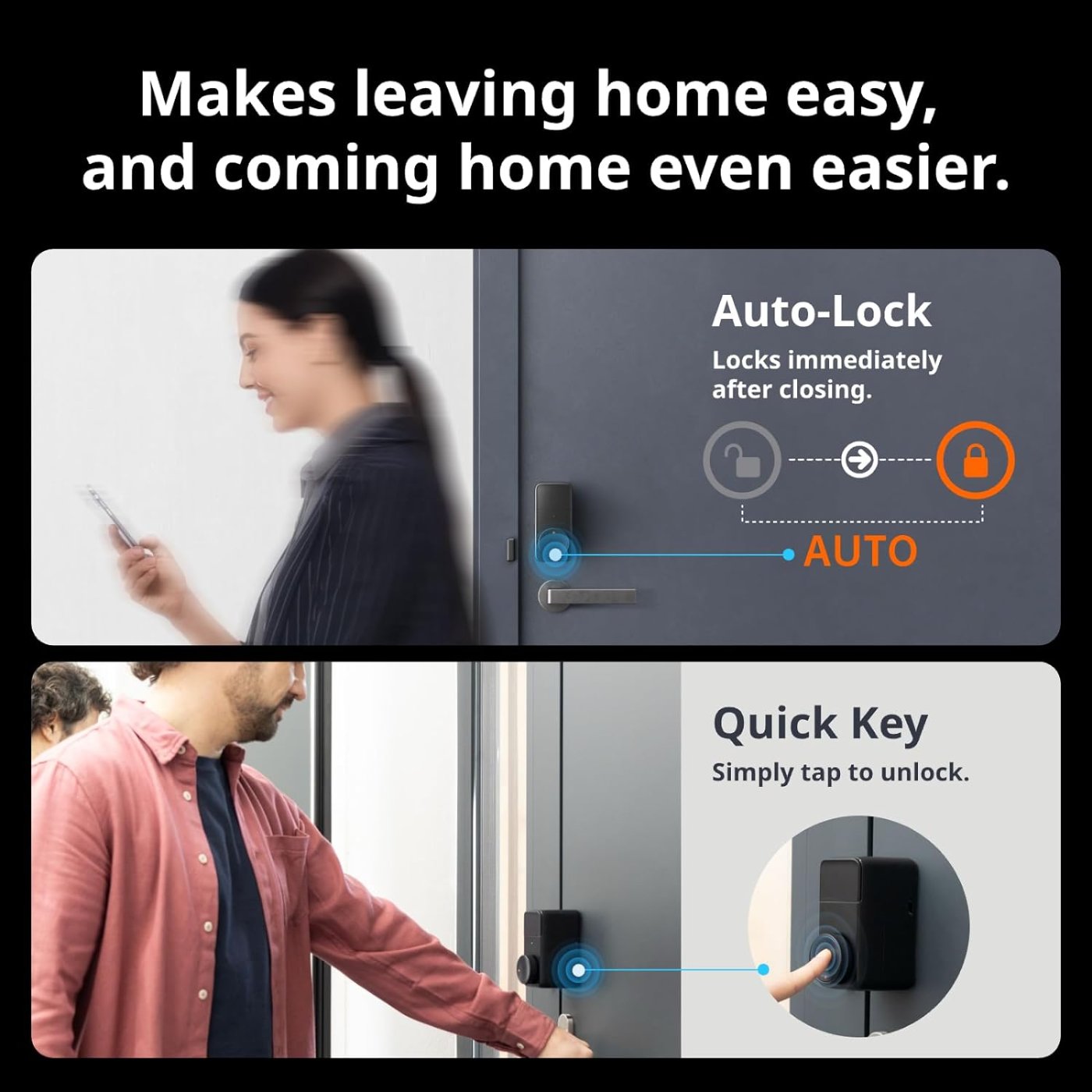 SwitchBot Lock Pro Auto-Lock locking automatically after closing and Quick Key tap-to-unlock feature