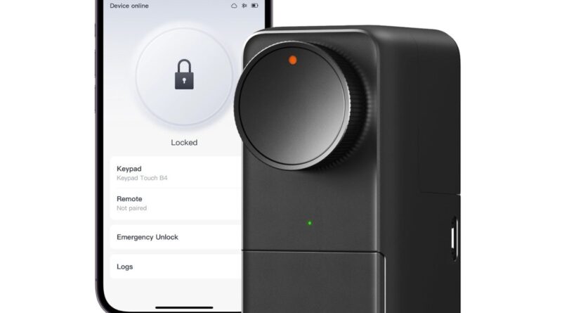 SwitchBot Lock Pro retrofit smart lock shown next to the SwitchBot app lock screen
