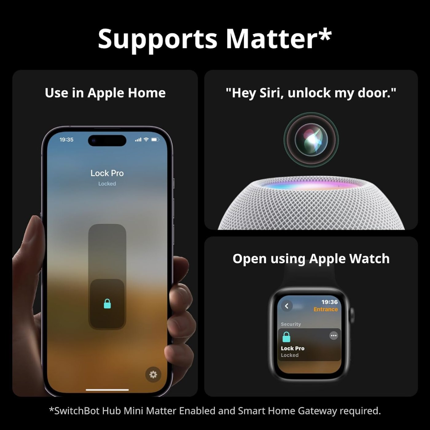 SwitchBot Lock Pro Matter support showing Apple Home, Siri voice unlock, and Apple Watch control