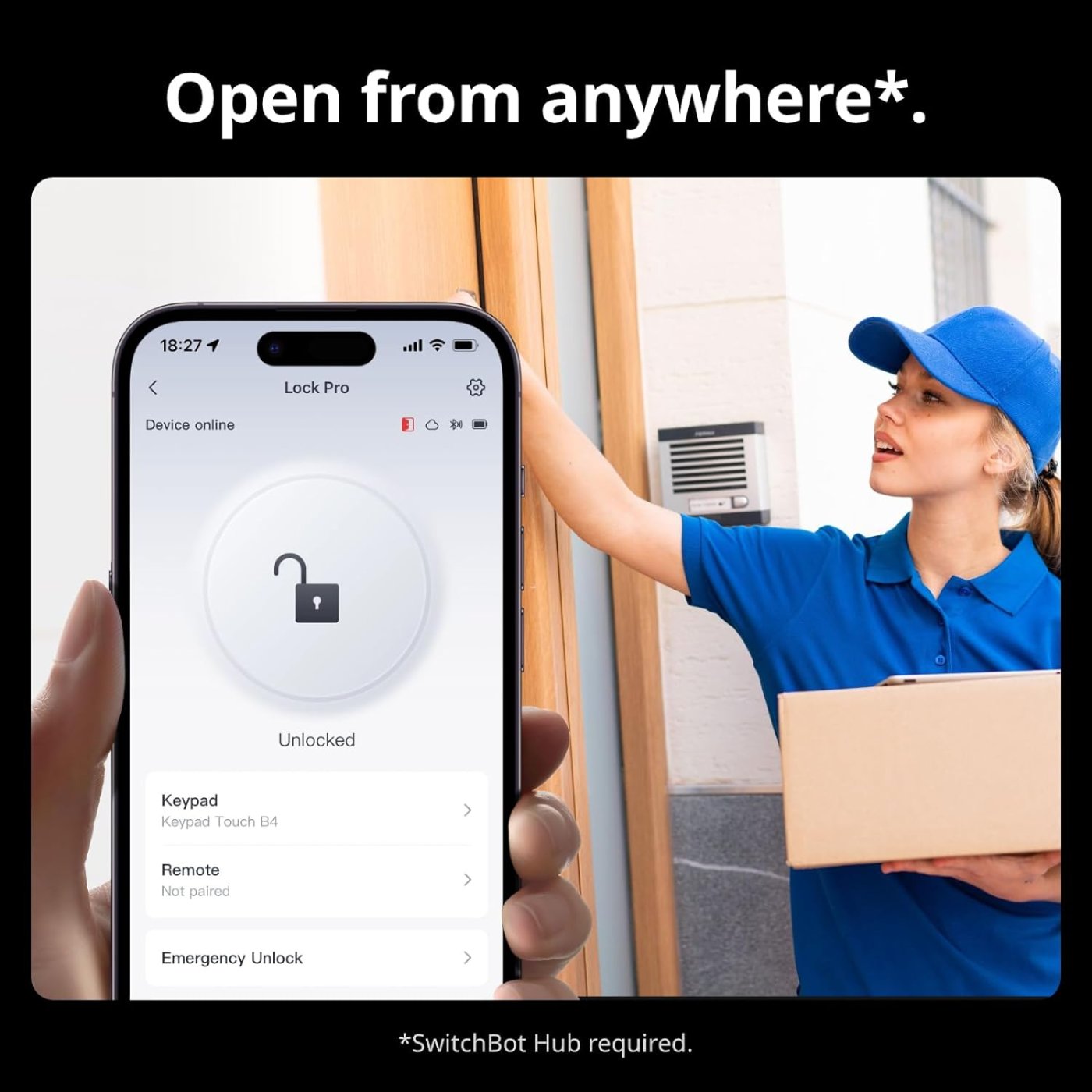 Person using the SwitchBot app to remotely unlock a door for a delivery courier
