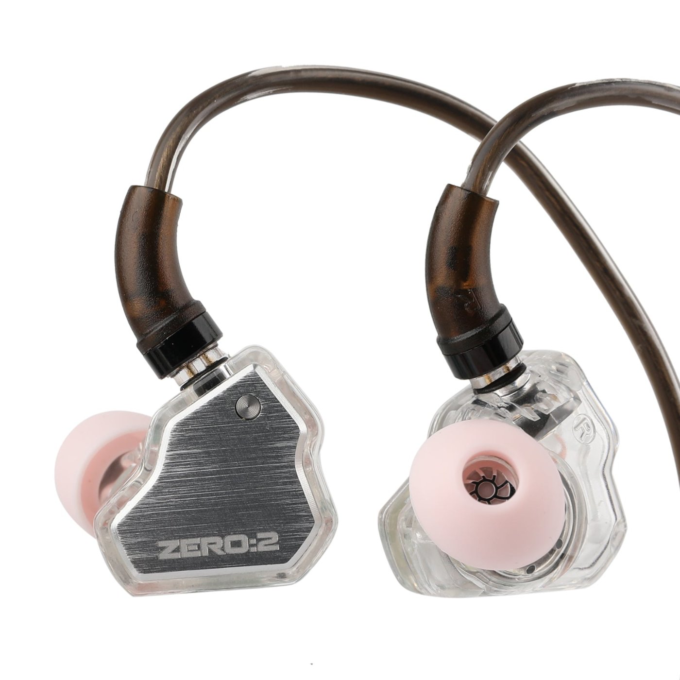 Close-up of the 7HZ x Crinacle Zero:2 earpiece shells and cable connectors