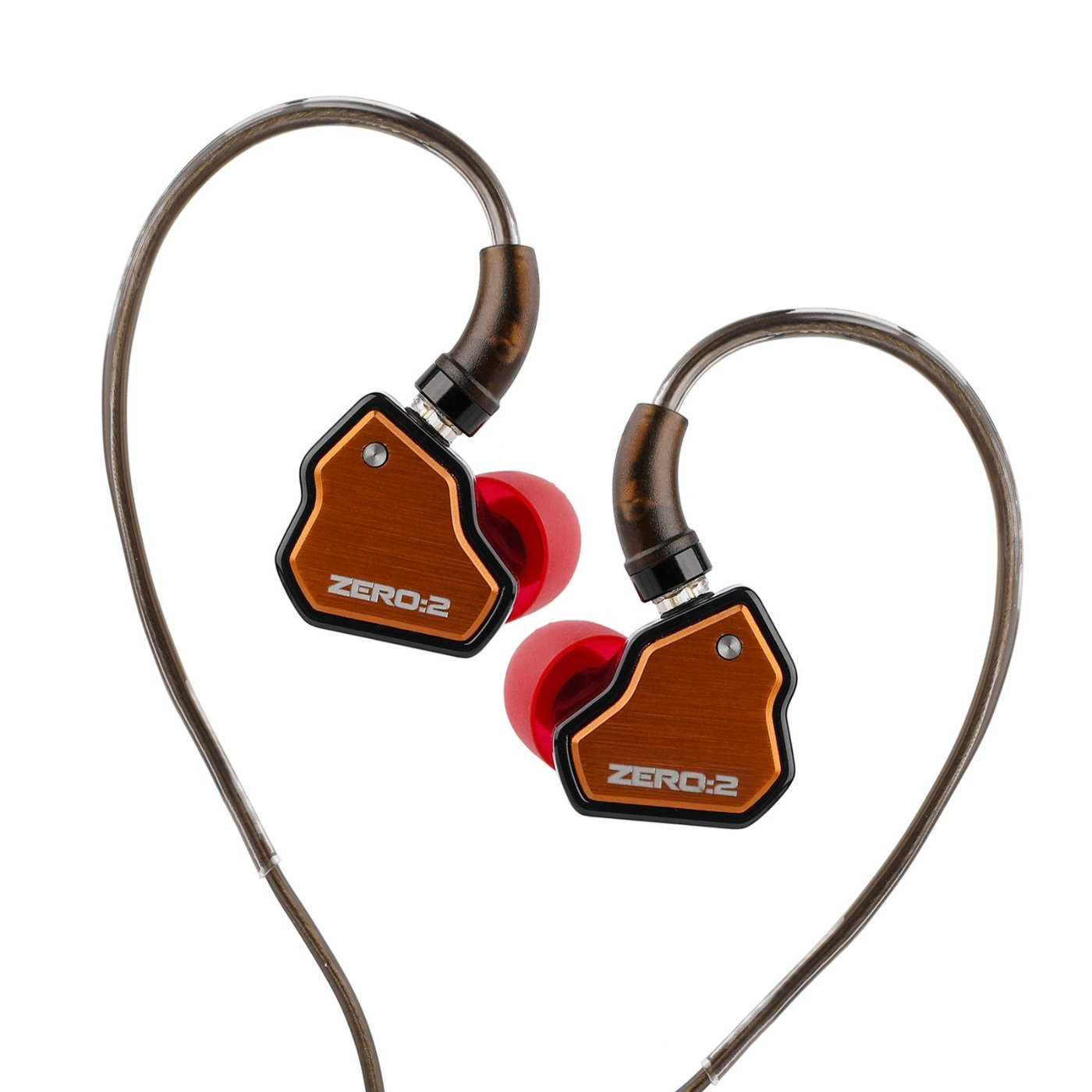 7HZ x Crinacle Zero:2 earphones in orange colorway showing the detachable cable and ear tips