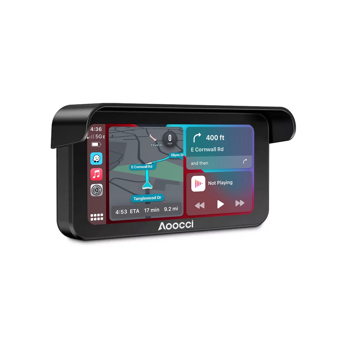 Aoocci C6 Pro display showing wireless CarPlay navigation and music controls on a motorcycle handlebar mount