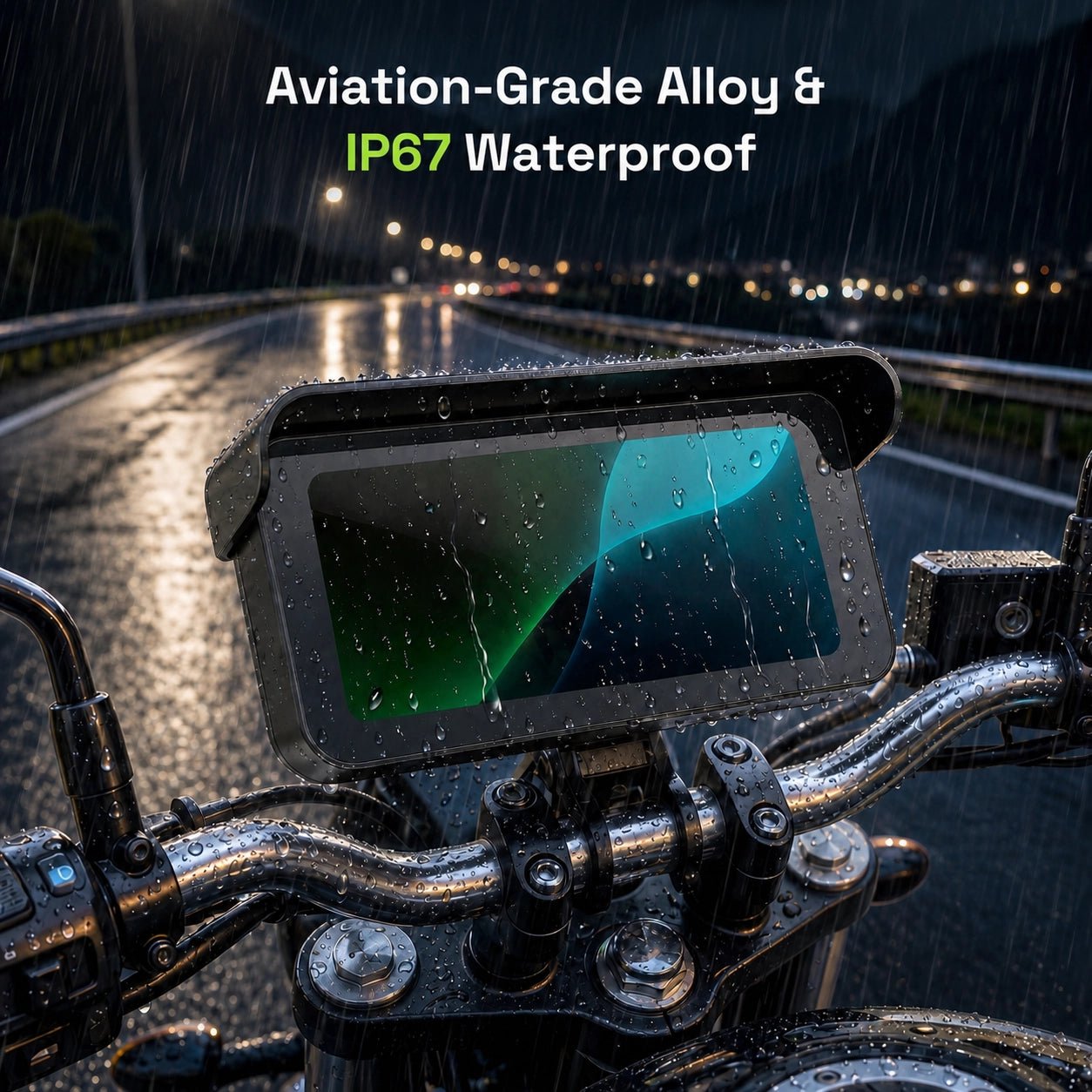 Aoocci C6 Pro mounted on a motorcycle handlebar in the rain, showing its IP67 waterproof aluminum-alloy housing