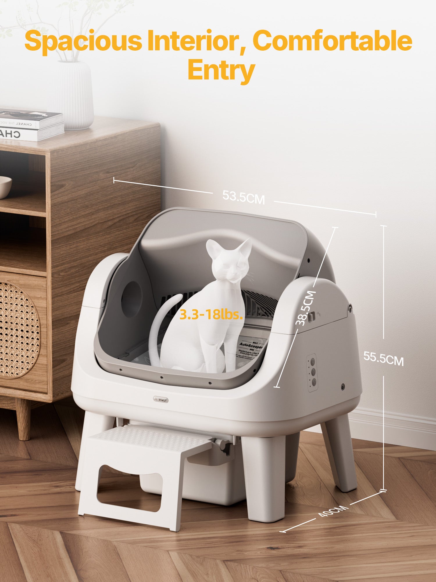 AutoScooper 12 Lite litter box shown with dimensions 53.5cm x 38.5cm x 55.5cm and 3.3-18lbs cat weight range