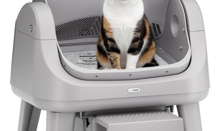 AutoScooper 12 Lite automatic litter box in Soft Gray with a cat sitting inside