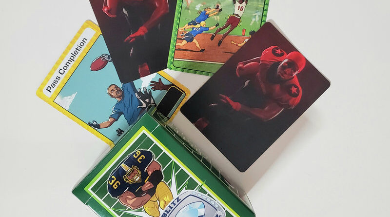 Custom Blitz Champz card deck box with football-themed playing cards fanned out