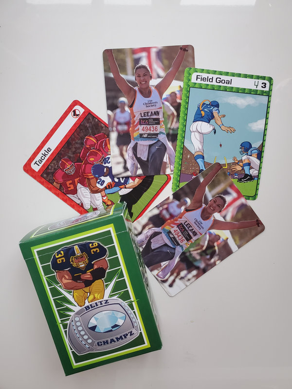 Blitz Champz playing cards showing a real customer photo printed on the card backs
