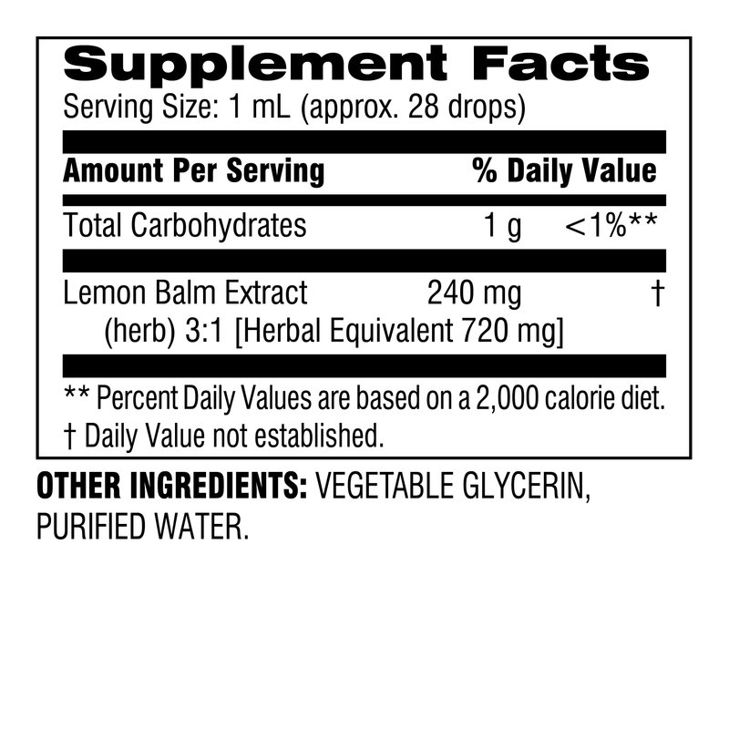 Supplement facts label for Botanic Choice Lemon Balm Extract showing 240mg per 1mL serving