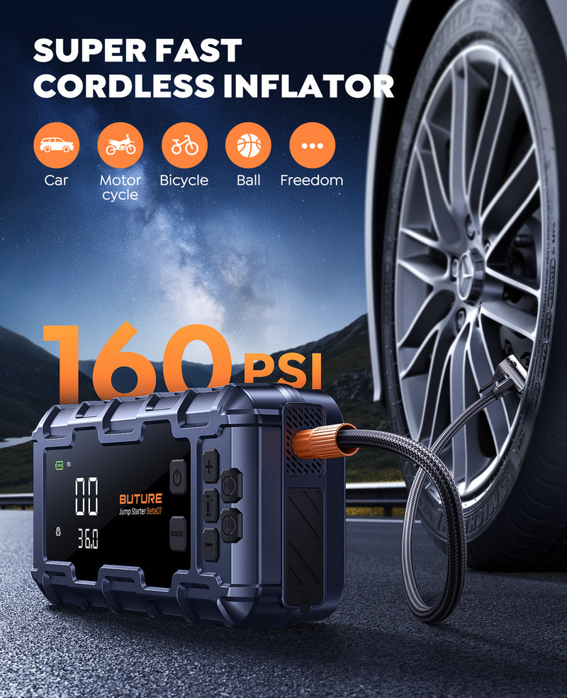 Buture Beta07 built-in air compressor inflating a car tire