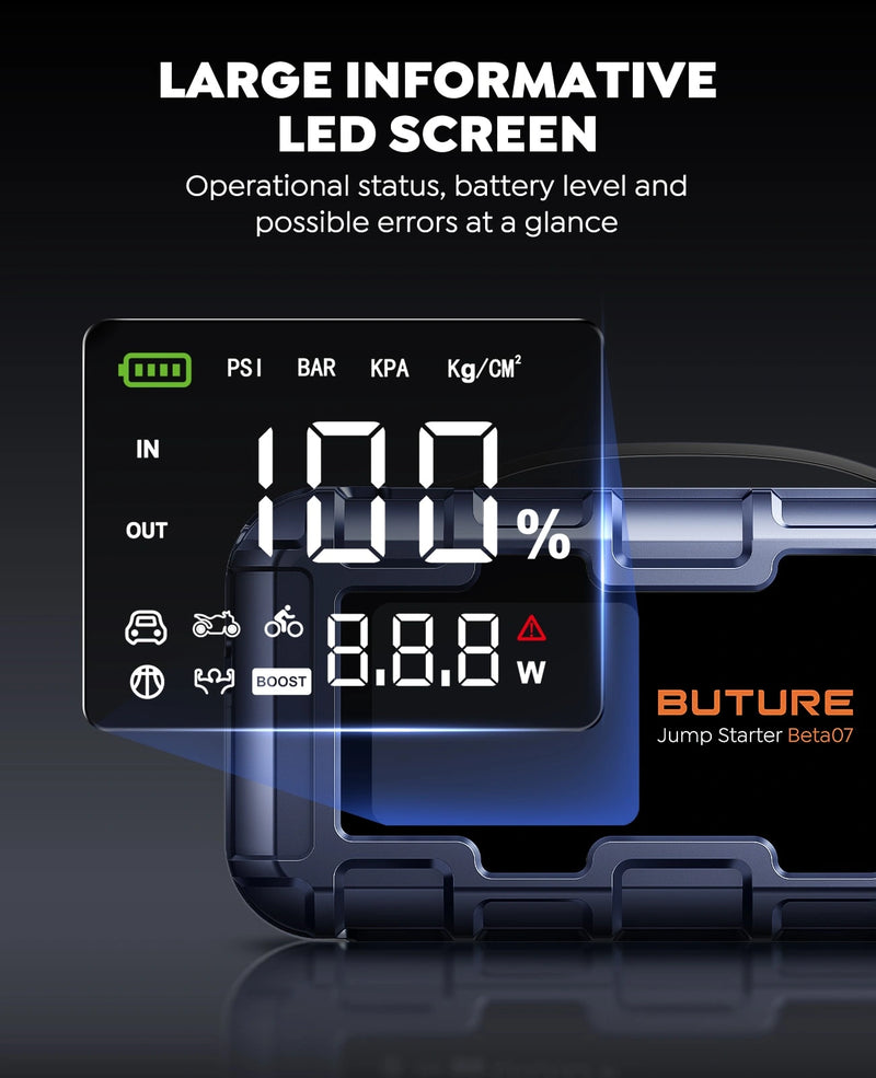Buture Beta07 jump starter 3.3 inch digital display showing battery status