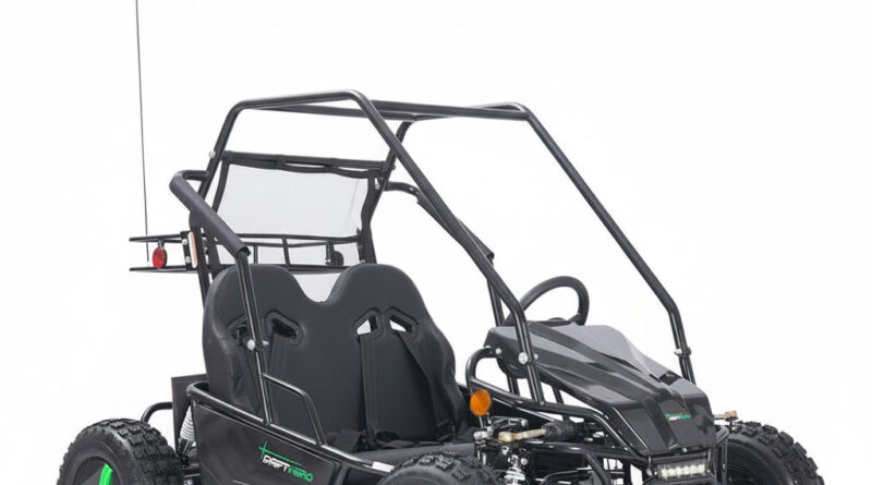Drift Hero 2-seat electric go-kart studio shot with roll cage and green flag
