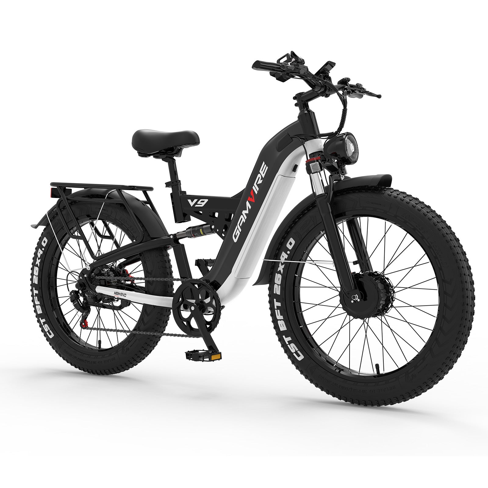 Front three-quarter view of the E·Bycco V9 electric bicycle in black and white