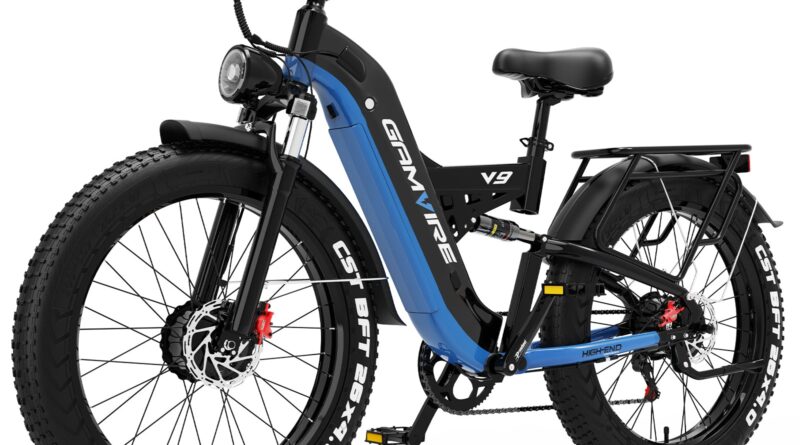 Three-quarter view of the E·Bycco Gamvire V9 electric bicycle in the blue colorway