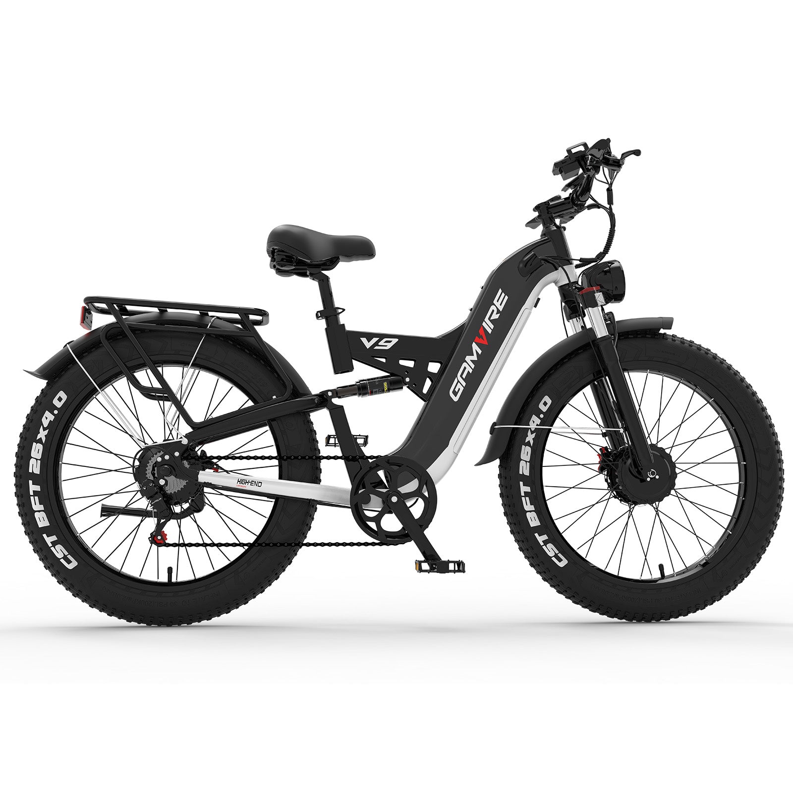 Side profile of the E·Bycco V9 electric bicycle showing the rear cargo rack and fat tires
